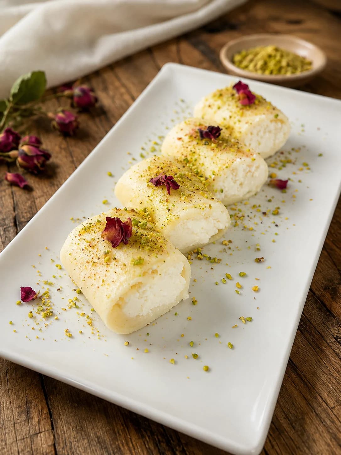 Postre casero con pistachos y pétalos de rosa en Layali Beirut